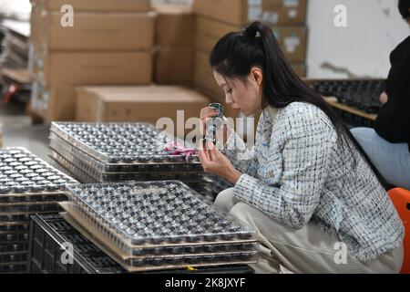 FUYANG, CHINA - 24. OKTOBER 2022 - Arbeiter arbeiten an der Lautsprecherproduktionslinie von Linquan Wuyang Electronics Co LTD in der Stadt Fuyang, Provinz Anhui, Stockfoto