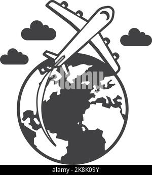 Flugzeuge fliegen um die Welt Illustration in minimalem Stil isoliert auf Hintergrund Stock Vektor