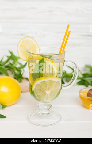 Mojito-Cocktail. Erfrischender Mojito-Cocktail mit Limette, Zitrone und Minze in einem hohen Glas mit einem Stock. Stockfoto