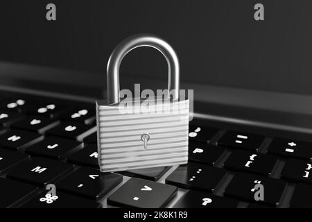 Silbernes Vorhängeschloss auf einem Laptop. Illustration des Konzepts der Cybersicherheit, des Datenschutzes und der Spyware-Prävention Stockfoto