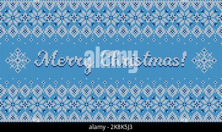 Fröhliches Weihnachtsbanner mit gestricktem Hintergrund. Pullunder-Muster mit skandinavischem Ornament und Grußtext. Horizontale Vektorkarte. Stock Vektor