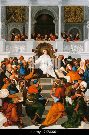 Die 12-jährige Jesus-Lehre im Tempel, Ölgemälde auf Tafel von Ludovico Mazzolino, 1524 Stockfoto
