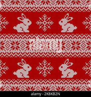 Nahtloses Strickmuster für das neue Jahr des Hasen 2023. Vektor-Hintergrund mit niedlichen Hasen, Schneeflocken und traditionellen skandinavischen Ornamenten. Stock Vektor