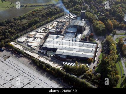 Luftaufnahme der Saint Gobain Isover-Fabrik in Runcorn, Censhire, Großbritannien Stockfoto