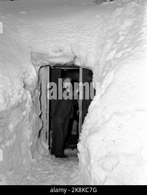 Südnorwegen, Februar 1951: Starker Schneefall über dem südlichen Teil des Landes verursachte wochenlang Chaos. Das gesamte Lager des Kaufmanns Seland ist im Schnee begraben und die Straße dorthin führt durch einen Tunnel aus Schnee. Hier Seland in der Tür. Foto: Arne Kjus / Aktuell / NTB Stockfoto