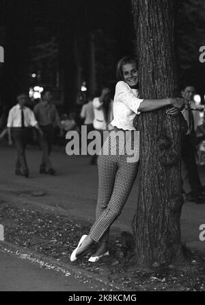 Oslo 28. Juni 1969. Karl Johansgate an einem heißen Sommertag in Oslo. Hier ist ein modisches Mädchen auf der Stadt. Mit den Armen um einen Baum. Foto: Per Ervik / Current / NTB Stockfoto