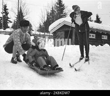 Gausdal Februar 1973. Königin Margrethe von Dänemark hat ihren 3-tägigen offiziellen Besuch in Oslo um eine Woche Winterurlaub in Gausdal in der Kabine eines Reeders erweitert. Sie hat mit der Familie Prinz Gemalen Prinz Henrik und die beiden Kinder Prinz Frederik und Prinz Joachim geerbt. Hier ist die ganze Familie draußen im Schnee. Foto: Ivar Aaserud / Aktuell / NTB Stockfoto