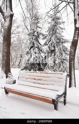Bänke im Winter City Park. Mit Schnee gefüllt. Schnee bedeckte Bäume. Stockfoto