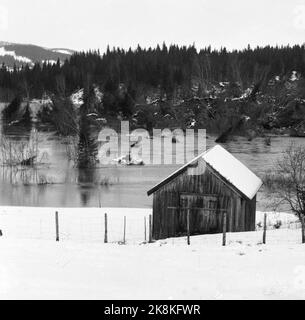 Overhalla, 19590222 große Bodenmassen sind im Fluss Namsen unterhalb von Hildrem Fergested zwischen Vibestad und Øyesvold in Overhalla ausgebrochen. Die Masse ließ sich wie ein Grat über den Fluss nieder und bildete einen Pool, der Hunderte von Dimensionen unter Wasser setzte und die Siedlung bedrohte. Hier aus der Flut von Ackerland und Wald über dem Crash. Foto: NTB Corr / NTB Stockfoto