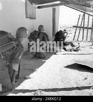 Ägypten 195702. Von 1957 bis 1967 wurden UN-Truppen auf dem Sinai eingesetzt, nachdem Israel den Sinai besetzt hatte (die Besatzung dauerte bis 1957). --- UN-Soldaten auf der Sinai-Halbinsel im Jahr 1957- un-Einsatztruppe auf der sinai-Halbinsel. Internationale UN-Truppen folgten dem israelischen Rückzug, und UN-Truppen wurden in der Sinai-Wüste eingesetzt, oft in der Nähe israelischer Stellungen. Bild: Bohrmaschine von 1. Bombenanschlägen aus KP. A. Huitfeldt compai. Die Ruinen sind Überreste ägyptischer Militäreinrichtungen, die die israelischen Streitkräfte vor dem Rückzug in die Stadt sprengten. Foto: Sverre A. Børretzen / Aktuell / NTB Stockfoto