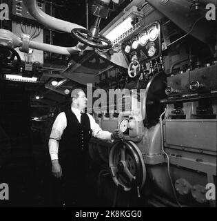 Newcastle, Großbritannien, Mai 1956. Das neue Flaggschiff MS 'Bergensfjord' der norwegisch-amerikanischen Linie mit Platz für 878 Passagiere wird auf dem Hof in Newcastle fertiggestellt. Hier wird das Schiff vor der Jungfernfahrt nach Norwegen vorbereitet. Hier aus dem Maschinenraum. Foto: Sverre A. Børretzen / Aktuell / NTB Stockfoto