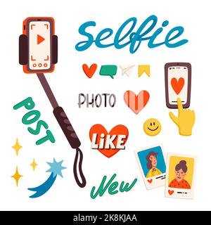 Selfie-Stick und Aufkleber für die Erstellung eines Blogs oder Vlog-Vektor-Illustration. Cartoon-Symbole für die Herstellung von Internet-Content-Vektor flache Illustration. Stock Vektor