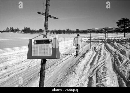 Beitostølen 19620323 unter der Leitung von Erling Stordahl und Håkon Brusveen finden in Beitostølen erstmals Skikurse für Blinde statt. Der Kurs endete mit einer Skipiste auf 2x5 Kilometern, und die meisten Blinden schafften die Goldmark. Damit die Blinden wissen, wohin der Trail führt, wurden 8 Reiseradios vom Typ Radionette Cures auf dem Trail eingerichtet. Diese sendeten ein auf Band aufgenommenes Audiosignal aus. Hier hängt das Radio, und ein Skifahrer legt den Hintergrund weg. Foto: Aaserud / Aktuell / NTB Stockfoto