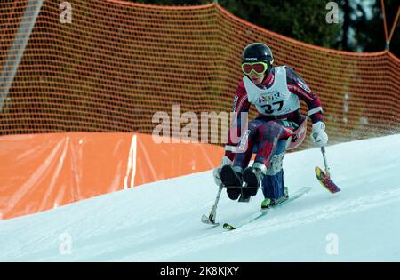 Lillehammer 19940312 Paralympics-94 / Olympische Spiele für Behinderte / Behindertensport. Hier alpin, Knut Hareid Markegård in Aktion in bergab. Foto: Aleksander Nordahl / NTB / NTB Stockfoto