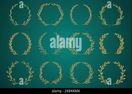 Goldene Zierkranze im handgezeichneten Design. Laurel Blätter Kranz und dekorative Zweig bündeln. Sammlung verschiedener Kräuter, Zweige Stock Vektor
