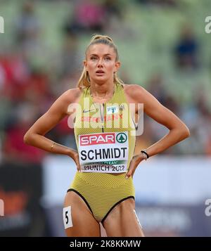 München, Deutschland. 16. August 2022. Alica SCHMIDT (GER) vor dem Start, Frauen-Vorrunde 400m auf 15.08.2022 Leichtathletik-Europameisterschaften 2022, Europameisterschaften, ab 15,08. - 21.08.2022 in München. Kredit: dpa/Alamy Live Nachrichten Stockfoto