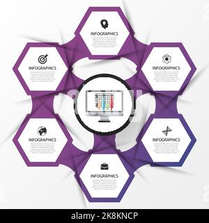 Geschäftskonzept mit 6 Optionen, Teilen, Schritten oder Prozessen. Vektorgrafik. Stock Vektor