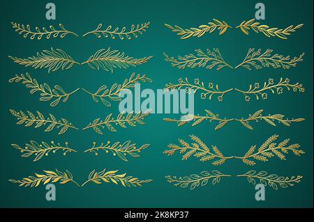 Trennwände mit goldenem Blumenmuster in handgezeichneter Ausführung. Kräuter, Zweige, Blumen und Pflanzen. Bundle von botanischen Ornamenten Schriftrollen Dekoration und Stock Vektor