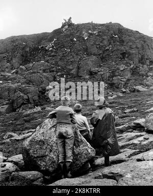 Die Ryfylke Mountains 196108 stürzte am 9. August ein britisches Flugzeug vom Typ Vickers Viking der Fluggesellschaft Cunard Eagle Airways, Holteheia, Ryfylkeheiene ab. Alle 39 an Bord gingen um. 34 von ihnen waren britische Schulkinder auf dem Weg in den Urlaub in Norwegen. Hier blicken norwegische Kinder auf das Flugzeugwrack auf dem Gipfel des Berges. Foto: Aaserud / Aktuell / NTB Stockfoto