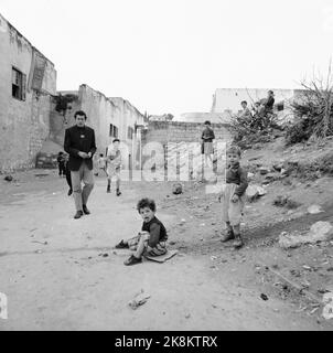 Israel March 1958 "am 14. Mai vor 10 Jahren wurde Israel zu einem unabhängigen Staat erklärt. Innerhalb weniger Stunden war der junge Staat mit seinen arabischen Nachbarn im Kampf um Leben und Tod, überlebte aber. Seitdem hat es mehr oder weniger Waffenstellung gegeben, und in diesen 10 Jahren wird eine neue Gesellschaft von der Erde aufgestampft. ' Photo; Sverre A. Børretzen / Current / NTB Stockfoto