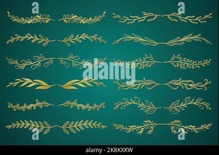 Trennwände mit goldenem Blumenmuster in handgezeichneter Ausführung. Blätter, Zweige, Pflanzen und Äste. Bundle von botanischen Ornamenten Schriftrollen Dekoration und Stock Vektor