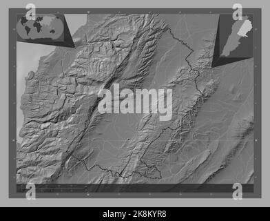 Baalbek-Hermel, Gouvernement des Libanon. Bilevel-Höhenkarte mit Seen und Flüssen. Standorte der wichtigsten Städte der Region. Zusätzliche Ecklokation Stockfoto