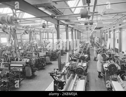 Moss 19500918. Helly-Hansen Fabrik in Moss. Norwegen erhält wie andere europäische Länder Unterstützung in Form von Darlehen und Geschenken für den Wiederaufbau der Vereinigten Staaten nach dem sogenannten Marshallplan. Die Rohstoffe aus den USA wurden in norwegischen Unternehmen weiter veredelt. Hier sehen wir ein Übersichtsbild von der Produktion im Veveriet bei Helly-Hansen. Das Unternehmen stellt unter anderem Sportbekleidung, Schwimmwesten, Stiefel und Regenbekleidung her. Foto: Jan Stadium NTB / NTB Stockfoto