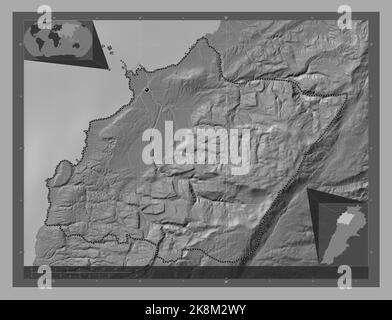 Norden, Gouvernement des Libanon. Bilevel-Höhenkarte mit Seen und Flüssen. Karten für zusätzliche Eckposition Stockfoto