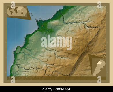 Norden, Gouvernement des Libanon. Farbige Höhenkarte mit Seen und Flüssen. Karten für zusätzliche Eckposition Stockfoto