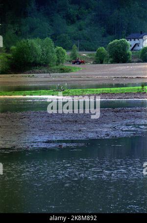 1995-05-30: Flutkatastrophe in Ostnorwegen und Trøndelag. Aufgrund von Schneeschmelze und Regen ist Ostnorwegen von Überschwemmungen und Überschwemmungen betroffen. Hier von Trøndelag: Der Fluss Gaula in Trøndelag hat seine Ufer überquert und große Flächen Kulturland unter Wasser gelegt. Flutkatastrophe 1995. Foto: Gorm Kallestad / NTB / NTB Stockfoto