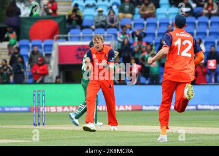 Hobart, Australien. 24. Oktober 2022. Der niederländische Cricket-Spieler Logan Van Beek (C) reagiert während des World Cup Cricket-Spiels T20 zwischen den Niederlanden und Bangladesch in der Blundstone Arena. Bangladesch gewann 9 Runs Credit: SOPA Images Limited/Alamy Live News Stockfoto