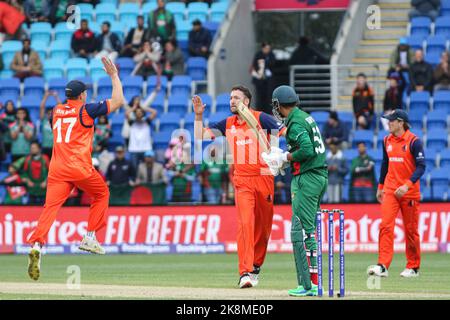 Hobart, Australien. 24. Oktober 2022. Niederländische Cricket-Spieler feiern das Wicket-Spiel der Weltmeisterschaft T20 zwischen den Niederlanden und Bangladesch in der Blundstone Arena. Bangladesch gewann 9 Läufe (Foto: MD Manik/SOPA Images/Sipa USA) Quelle: SIPA USA/Alamy Live News Stockfoto