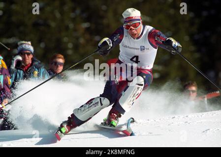 Hafjell 19940225. Olympische Winterspiele in Lillehammer Lasse Kjus in Aktion gewinnt er die alpine Kombination in Hafjell. Foto: Calle Törnström / NTB Stockfoto