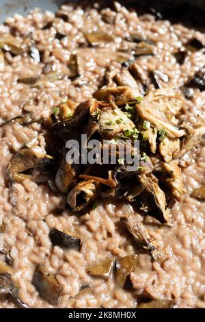 Rotes Risotto mit Wildpilzen in einer Schüssel, aus der ein mit gebratenem Sonnenschirm dekorierter Bolete besteht. Hochwertige Fotos Stockfoto