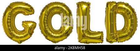 Gold-Schriftzug mit metallischen Ballons. Isoliert auf Weiß Stockfoto