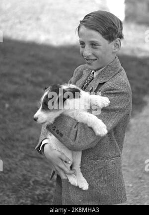 Asker 19460524. Die Kronprinzenfamilie fotografierte in Skaugum. Hier sehen wir Prinz Harald mit dem Familienhund. Foto: NTB Archive / NTB Stockfoto