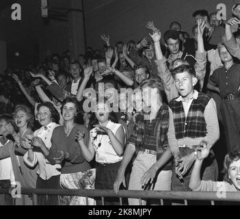 Oslo 19580820 Nordic Rock Wettbewerb im Jordal Amfi in Oslo. Rockmusiker traten vor einem großen und begeisterten Publikum gegeneinander an. Jubelende junge Menschen genießen die Musik. Foto: Jan Nordby / NTB / NTB Stockfoto