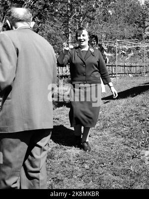 Oslo, 17. Mai 1961. Israels Außenminister Gold besucht Norwegen noch mehr. Hier bei einer Gartenfirma bei Jens Chr. Hauge. Der Eierlauf ist in vollem Gange und Golda gedeiht eher. Foto: Aage Storløkken / Aktuell / NTB Stockfoto