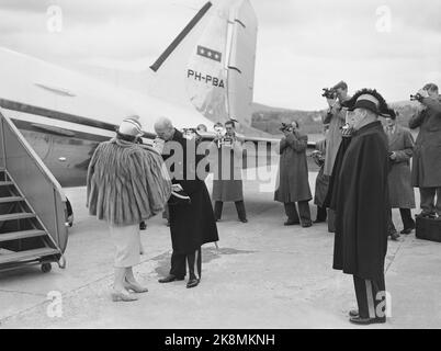 Fornebu, Bærum 19530506. Königin Juliana und Prinz Bernhard von den Niederlanden besuchen in drei Tagen offiziell Norwegen. Hier sehen wir Königin Juliana bei der Ankunft in Fornebu und werden mit Küssen von König Haakon getroffen. Kronprinz Olav (T.H.) mit Hut macht Gehälter. Viele Pressefotografen waren am Flughafen anwesend. Julianan in Pelzjacke und Hut. FOTO: VALLDAL NTB / NTB Stockfoto