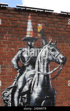 Ausschnitt aus Tennents Wandbild an der Außenwand der Tennent Caledonian Breweries von smug (Sam Bates) Glasgow Scotland Juli 2022 Stockfoto