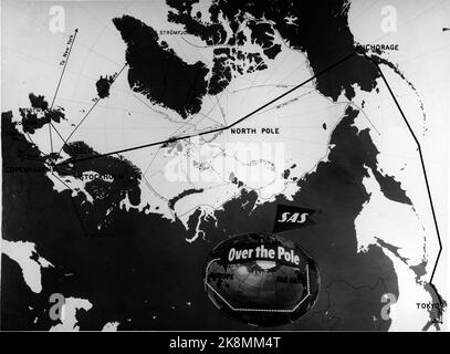 Kopenhagen, Dänemark 19570224 SAS schreibt Fluggeschichte, indem sie die weltweit erste Flugroute über den geografischen Nordpol eröffnet. Hier ist die Karte der Route, die zwischen Kopenhagen über Anchorage nach Tokio führte. Foto: NTB Archive / NTB Stockfoto