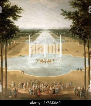 Pierre Denis Martin (1663-1742) Französische Schule Blick über das Apollo-Becken und den Großen Kanal von Versailles im Jahr 1713. Im Vordergrund: Louis XIV Öl auf Leinwand (2,60 x 1,84 m) Versailles, châteaux de Versailles et de Trianon Stockfoto