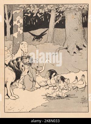 'Während dieser Reden hatte sich die Emotion der Hühner verdoppelt.' Illustration von Benjamin Rabier in 'Le Roman du Renard', nach den mittelalterlichen Originalgeschichten 'Le Roman de Renart' von Jeanne Leroy-Allais. Adaption veröffentlicht von Tallandier im Jahr 1909. Stockfoto