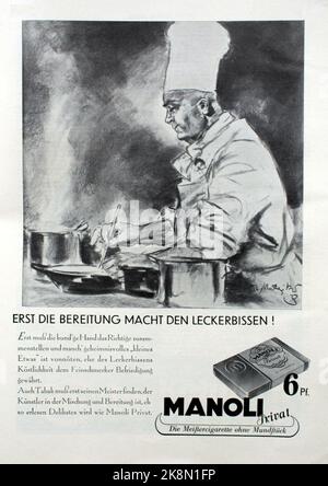 Anzeige der Manoli Zigarettenfabrik Berlin aus dem Jahr 1933 für Zigaretten der Marke 'Manoli privat', die „Meisterzigarette ohne Mundstück“, gestaltet von Theo Matejko (1893-1946). Anzeige der Manoli Zigarettenfabrik, Berlin, von 1933 für ihre Marke 'Manoli privat', entworfen von Theo Matejko (1893-1946) Stockfoto