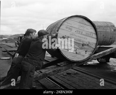 Oslo 19500412 Marshallhjelpen: Norwegen erhält wie andere europäische Länder Unterstützung in Form von Darlehen und Geschenken für den Wiederaufbau der Vereinigten Staaten nach dem sogenannten Marshallplan. Hier werden Waren vom Schiff Tampa entladen. Zwei Hafenarbeiter Rollen ein riesiges Fass, das mit dem Emblem der Marshall-Hilfe markiert ist. Foto: NTB / NTB Stockfoto