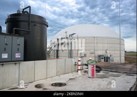 24. Oktober 2022, Sachsen-Anhalt, Bernburg: Der Speicher für das erzeugte Biogas. Die MVV Energie AG baute in Bernburg eine Bioabfallfermentationsanlage. Hier werden Abfälle aus der grünen Mülltonne der Stadt Bernburg zu Biogas verarbeitet. Dieses wird dann als Ersatz für Erdgas in das Stadtwerke-Netz eingespeist. Diese umweltfreundliche Alternative zu Erdgas ist ein Beitrag zu einer klimafreundlichen Kreislaufwirtschaft. Foto: Heiko Rebsch/dpa Stockfoto