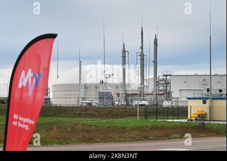 24. Oktober 2022, Sachsen-Anhalt, Bernburg: Blick auf den Gastank für das erzeugte Biogas. Die MVV Energie AG baute in Bernburg eine Bioabfallfermentationsanlage. Hier werden Abfälle aus der grünen Mülltonne der Stadt Bernburg zu Biogas verarbeitet. Dieses wird dann als Ersatz für Erdgas in das Stadtwerke-Netz eingespeist. Diese umweltfreundliche Alternative zu Erdgas ist ein Beitrag zu einer klimafreundlichen Kreislaufwirtschaft. Foto: Heiko Rebsch/dpa Stockfoto