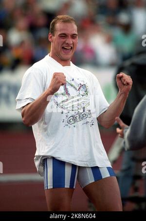 Oslo 19950721. Raymond Hecht (Ger) freut sich über seinen Speerwurf während der Bislett Games, 21. Juli 1995. Foto: Erik Johansen/NTB Stockfoto