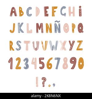 Handgezeichnetes spanisches Alphabet im Boho-Stil. Niedliche kindliche Buchstaben und Zahlen für Banner, Kinderzimmer-Design, Postkarten. Clipart in weiß isoliert Stock Vektor