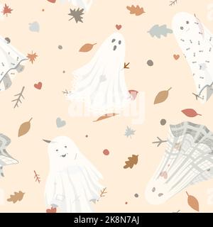 Niedliches Gespenst-Boo-Weihnachtsmotiv mit nahtlosem Muster. Vektor Halloween Illustration auf beigem Hintergrund Stock Vektor